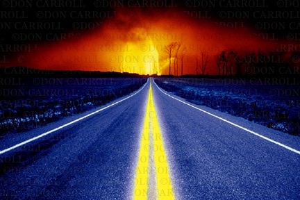 erupting volcano and road